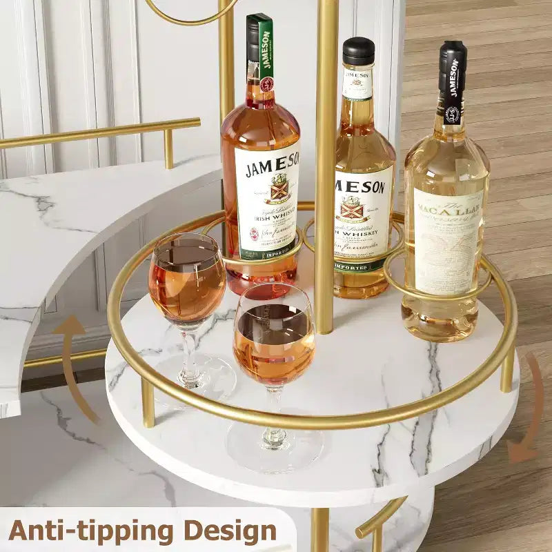 Chariot de bar roulant à 3 niveaux, desserte mobile avec casier à vin et porte-verres, conception rotative à 360°, roulettes silencieuses verrouillables, 86,9 cm L x 39,9 cm P x 94 cm H