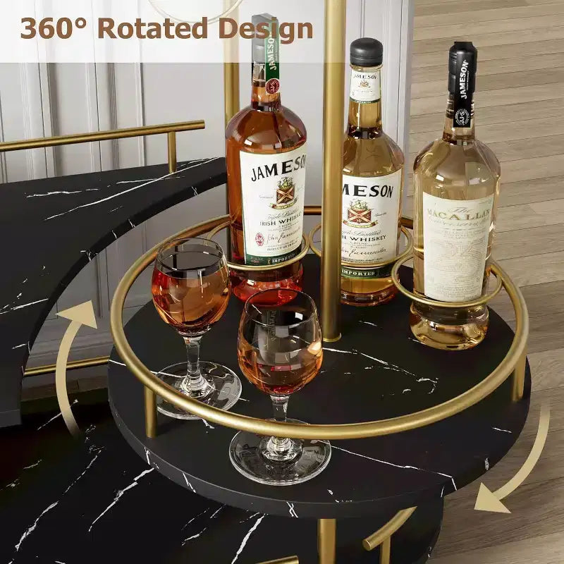 Chariot de bar roulant à 3 niveaux, desserte mobile avec casier à vin et porte-verres, conception rotative à 360°, roulettes silencieuses verrouillables, 86,9 cm L x 39,9 cm P x 94 cm H