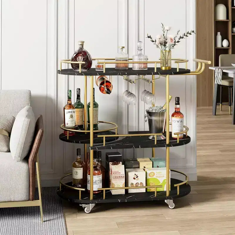 Chariot de bar roulant à 3 niveaux, desserte mobile avec casier à vin et porte-verres, conception rotative à 360°, roulettes silencieuses verrouillables, 86,9 cm L x 39,9 cm P x 94 cm H