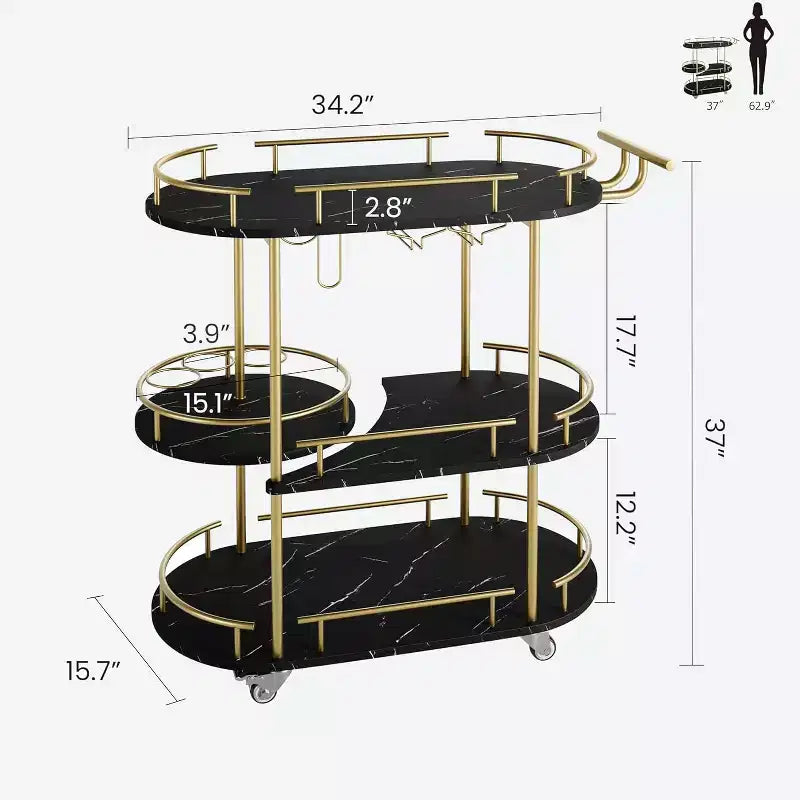 Chariot de bar roulant à 3 niveaux, desserte mobile avec casier à vin et porte-verres, conception rotative à 360°, roulettes silencieuses verrouillables, 86,9 cm L x 39,9 cm P x 94 cm H
