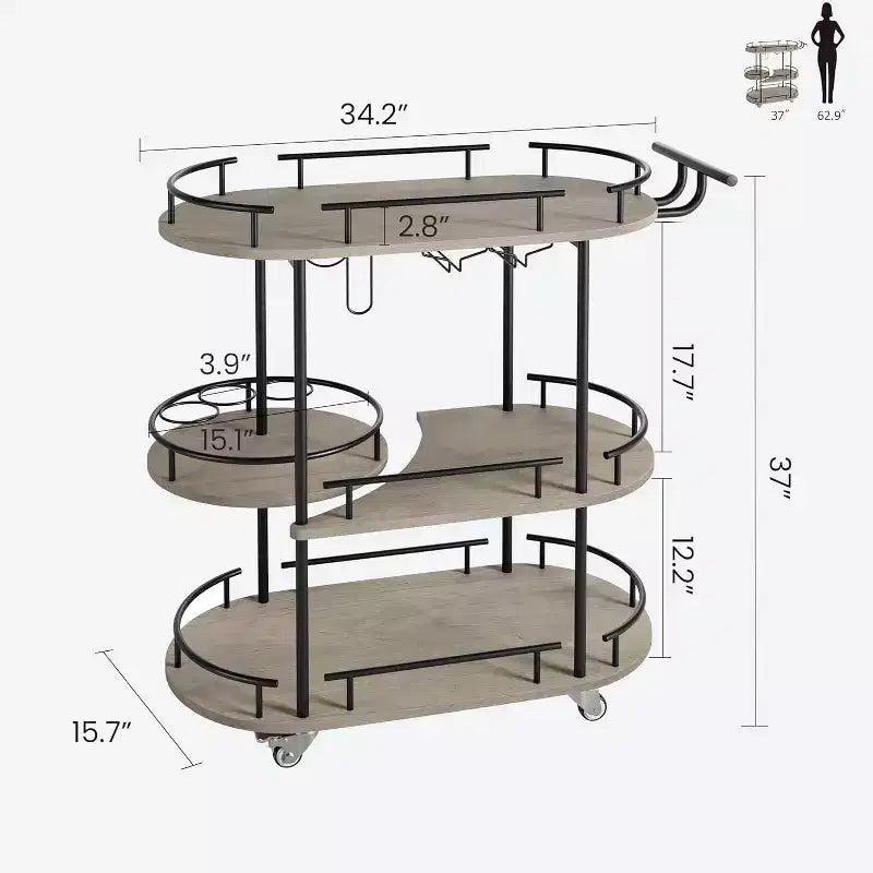 Chariot de bar roulant à 3 niveaux, desserte mobile avec casier à vin et porte-verres, conception rotative à 360°, roulettes silencieuses verrouillables, 86,9 cm L x 39,9 cm P x 94 cm H