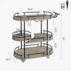 Chariot de bar roulant à 3 niveaux, desserte mobile avec casier à vin et porte-verres, conception rotative à 360°, roulettes silencieuses verrouillables, 86,9 cm L x 39,9 cm P x 94 cm H