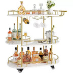 Chariot de bar roulant à 3 niveaux, desserte mobile avec casier à vin et porte-verres, conception rotative à 360°, roulettes silencieuses verrouillables, 86,9 cm L x 39,9 cm P x 94 cm H