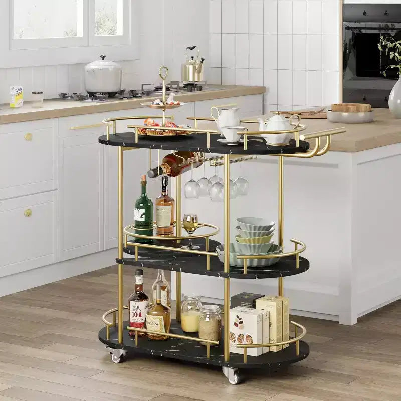 Chariot de bar roulant à 3 niveaux, desserte mobile avec casier à vin et porte-verres, conception rotative à 360°, roulettes silencieuses verrouillables, 86,9 cm L x 39,9 cm P x 94 cm H