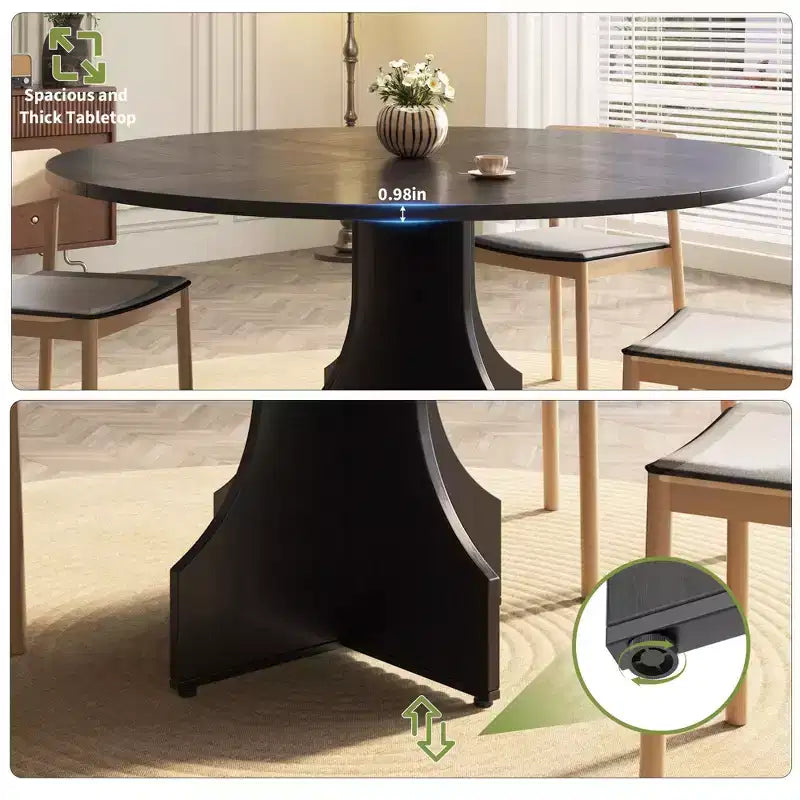 Table à manger ronde de 47" pour 4 à 6 personnes, style rustique ferme, piédestal en bois, assemblage facile, pour petits appartements et coins-repas.