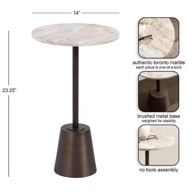 Table d'appoint ronde en marbre et métal Tira Kate and Laurel, marron, 14x14x24
