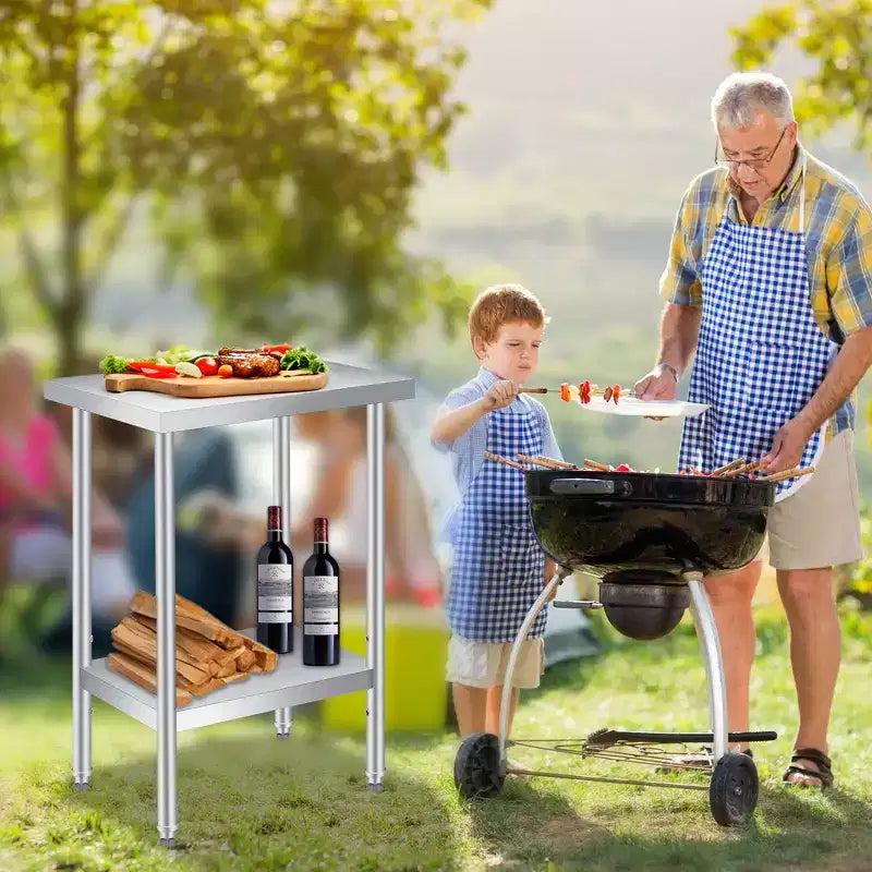 Heavy Duty 2-Tier Stainless Steel Outdoor Side Table  Adjustable Storage Shelf, Rust Resistant, Patio End Table for Garden, Kitchen, Restaurant
