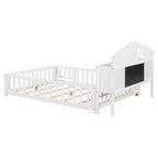 Lit de sol Montessori pleine grandeur avec bibliothèques, tableaux noirs et tête de lit de rangement, blanc