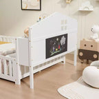Lit de sol Montessori pleine grandeur avec bibliothèques, tableaux noirs et tête de lit de rangement, blanc