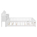 Lit de sol Montessori pleine grandeur avec bibliothèques, tableaux noirs et tête de lit de rangement, blanc