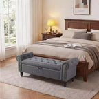 Banc de rangement de 130 cm pour chambre à coucher en bout de lit, banc ottoman rembourré avec capitonnage et accoudoirs roulés, banc d'entrée avec charnière de sécurité