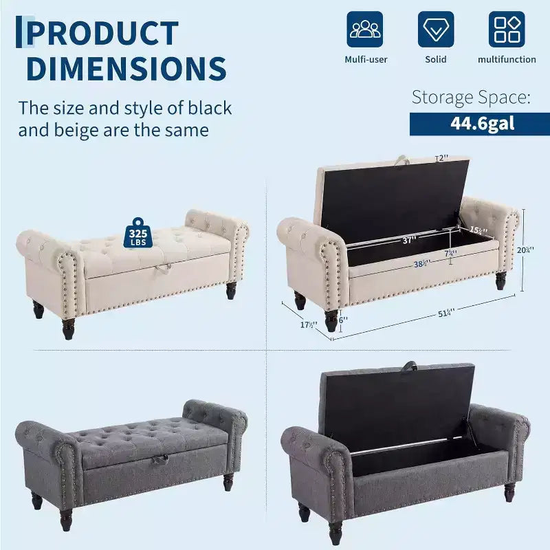 Banc de rangement de 130 cm pour chambre à coucher en bout de lit, banc ottoman rembourré avec capitonnage et accoudoirs roulés, banc d'entrée avec charnière de sécurité