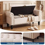 Banc de rangement de 130 cm pour chambre à coucher en bout de lit, banc ottoman rembourré avec capitonnage et accoudoirs roulés, banc d'entrée avec charnière de sécurité