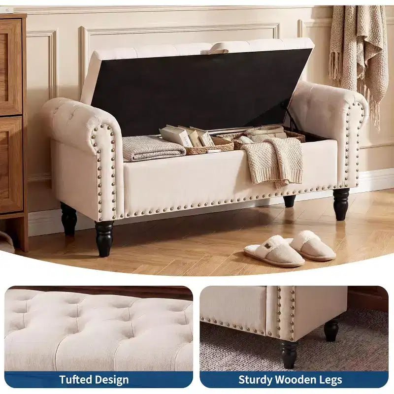 Banc de rangement de 130 cm pour chambre à coucher en bout de lit, banc ottoman rembourré avec capitonnage et accoudoirs roulés, banc d'entrée avec charnière de sécurité