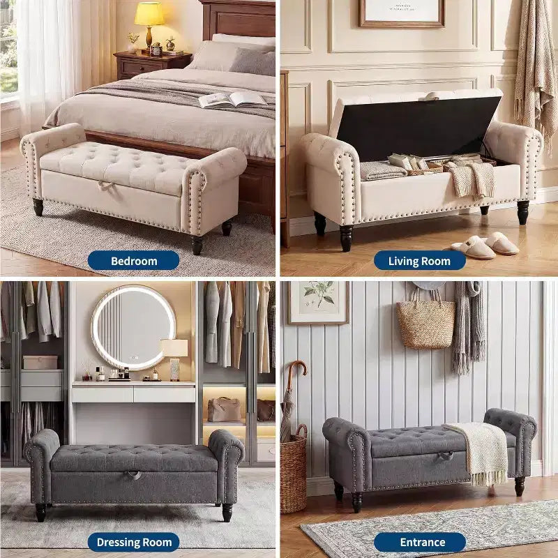 Banc de rangement de 130 cm pour chambre à coucher en bout de lit, banc ottoman rembourré avec capitonnage et accoudoirs roulés, banc d'entrée avec charnière de sécurité