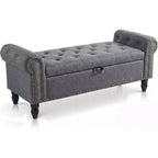 51in Bedroom Storage Bench for End of Bed, Upholstered Ottoman Bench with Button Tufted Design and Rolled Arms, Entryway Bench with Safety Hinge