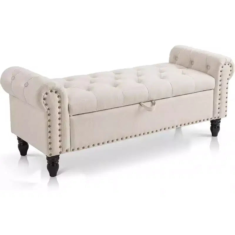 Banc de rangement de 130 cm pour chambre à coucher en bout de lit, banc ottoman rembourré avec capitonnage et accoudoirs roulés, banc d'entrée avec charnière de sécurité