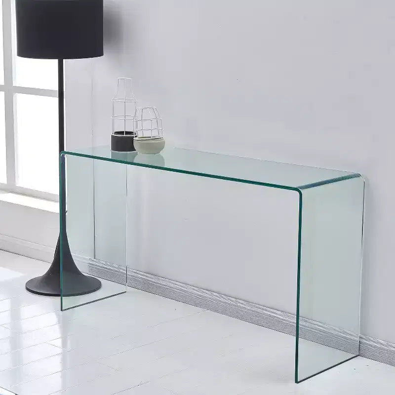 Console en verre trempé avec bords arrondis, Table d'entrée moderne pour couloir et salon