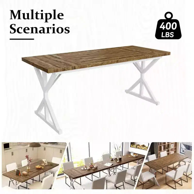 Dyonery Table de Salle à Manger de Ferme 70.8 pour 6-8 Personnes, Table de Cuisine Rustique Rectangulaire en Bois Massif avec Pieds en X en Métal, Résistante à l'Eau et Facile à Assembler