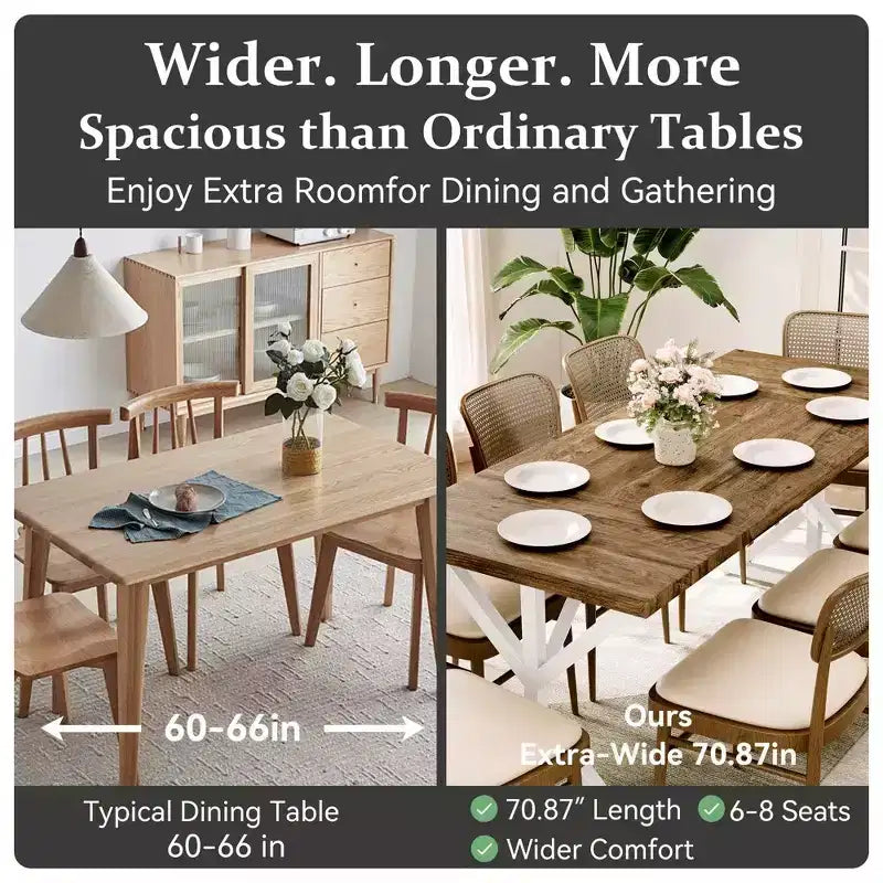 Dyonery Table de Salle à Manger de Ferme 70.8 pour 6-8 Personnes, Table de Cuisine Rustique Rectangulaire en Bois Massif avec Pieds en X en Métal, Résistante à l'Eau et Facile à Assembler