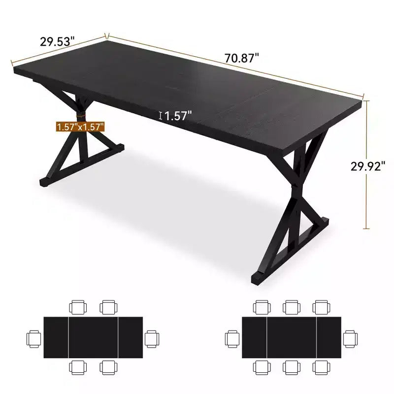 Dyonery Table de Salle à Manger de Ferme 70.8 pour 6-8 Personnes, Table de Cuisine Rustique Rectangulaire en Bois Massif avec Pieds en X en Métal, Résistante à l'Eau et Facile à Assembler
