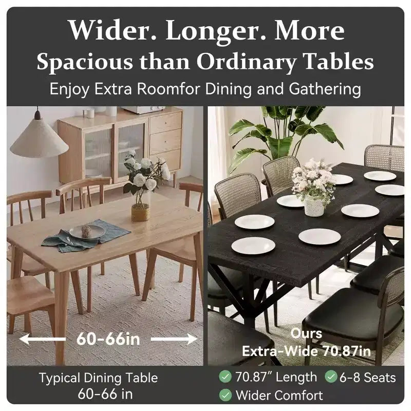 Dyonery Table de Salle à Manger de Ferme 70.8 pour 6-8 Personnes, Table de Cuisine Rustique Rectangulaire en Bois Massif avec Pieds en X en Métal, Résistante à l'Eau et Facile à Assembler