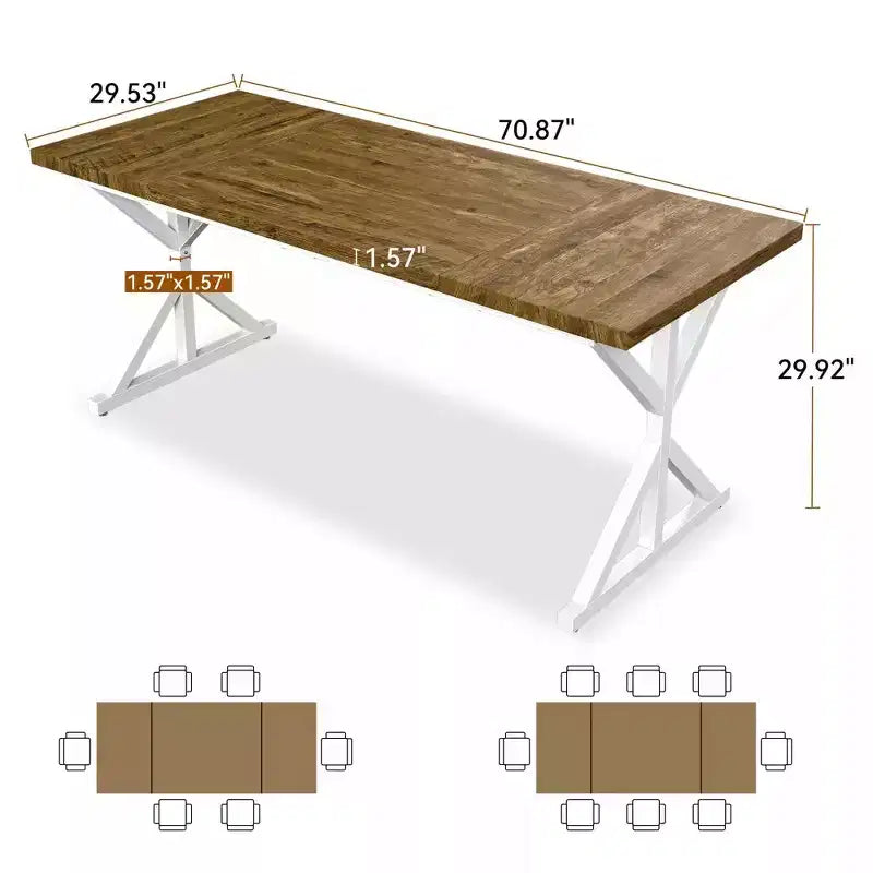 Dyonery Table de Salle à Manger de Ferme 70.8 pour 6-8 Personnes, Table de Cuisine Rustique Rectangulaire en Bois Massif avec Pieds en X en Métal, Résistante à l'Eau et Facile à Assembler