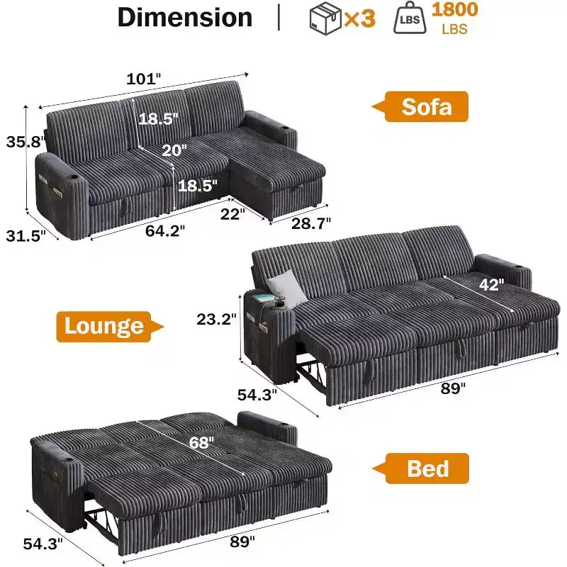 Canapé-lit d'angle réversible Dyonery 101, avec lit gigogne, dossier inclinable, méridienne de rangement réversible, ports USB et porte-gobelets