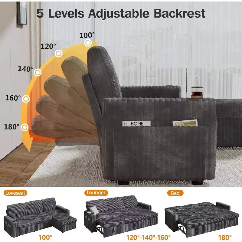 Canapé-lit d'angle réversible Dyonery 101, avec lit gigogne, dossier inclinable, méridienne de rangement réversible, ports USB et porte-gobelets