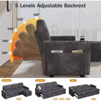 Canapé-lit d'angle réversible Dyonery 101, avec lit gigogne, dossier inclinable, méridienne de rangement réversible, ports USB et porte-gobelets
