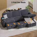 Canapé-lit d'angle réversible Dyonery 101, avec lit gigogne, dossier inclinable, méridienne de rangement réversible, ports USB et porte-gobelets