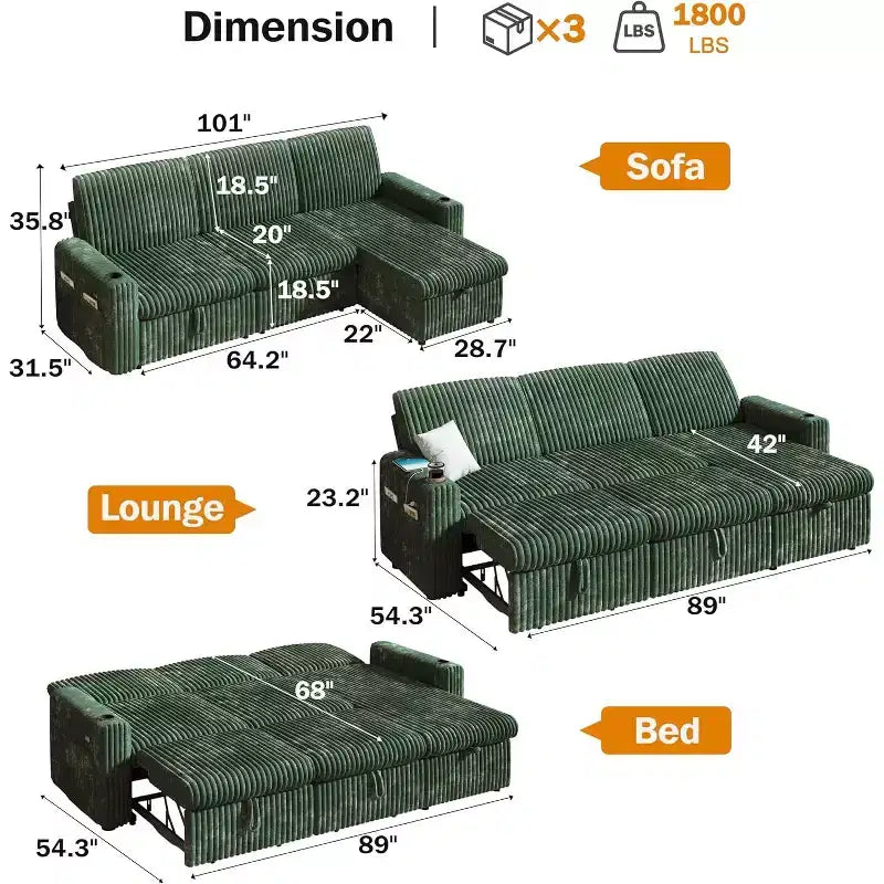 Canapé-lit d'angle réversible Dyonery 101, avec lit gigogne, dossier inclinable, méridienne de rangement réversible, ports USB et porte-gobelets