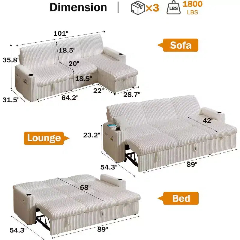 Canapé-lit d'angle réversible Dyonery 101, avec lit gigogne, dossier inclinable, méridienne de rangement réversible, ports USB et porte-gobelets