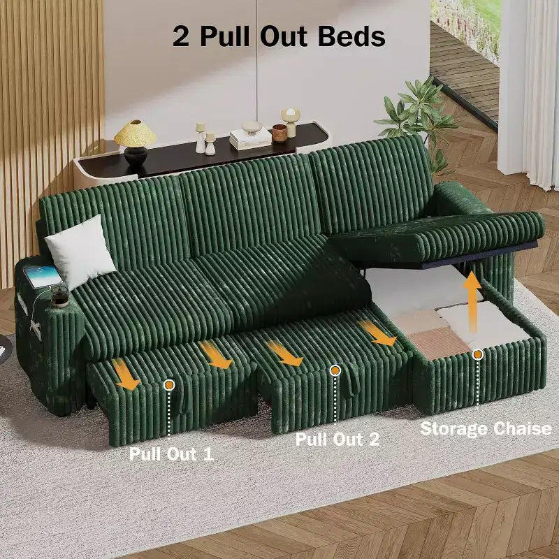 Canapé-lit d'angle réversible Dyonery 101, avec lit gigogne, dossier inclinable, méridienne de rangement réversible, ports USB et porte-gobelets