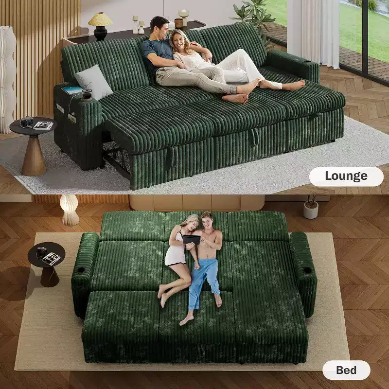 Canapé-lit d'angle réversible Dyonery 101, avec lit gigogne, dossier inclinable, méridienne de rangement réversible, ports USB et porte-gobelets