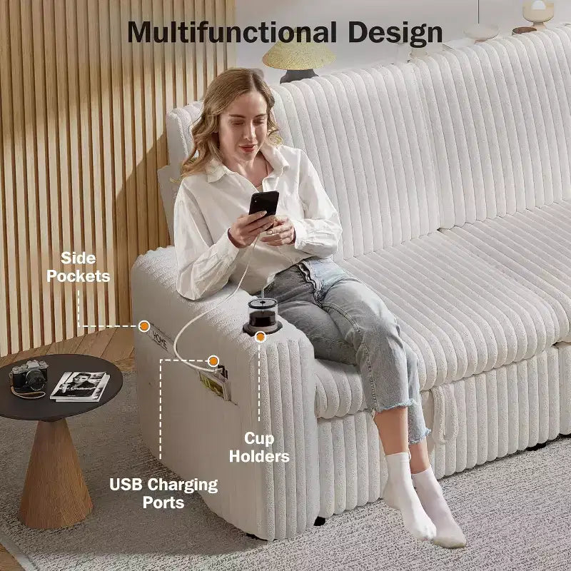 Canapé-lit d'angle réversible Dyonery 101, avec lit gigogne, dossier inclinable, méridienne de rangement réversible, ports USB et porte-gobelets