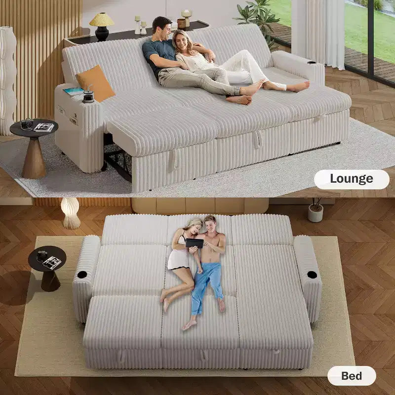 Canapé-lit d'angle réversible Dyonery 101, avec lit gigogne, dossier inclinable, méridienne de rangement réversible, ports USB et porte-gobelets