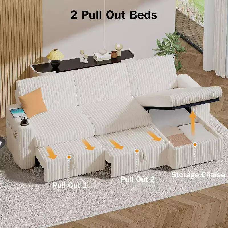 Canapé-lit d'angle réversible Dyonery 101, avec lit gigogne, dossier inclinable, méridienne de rangement réversible, ports USB et porte-gobelets