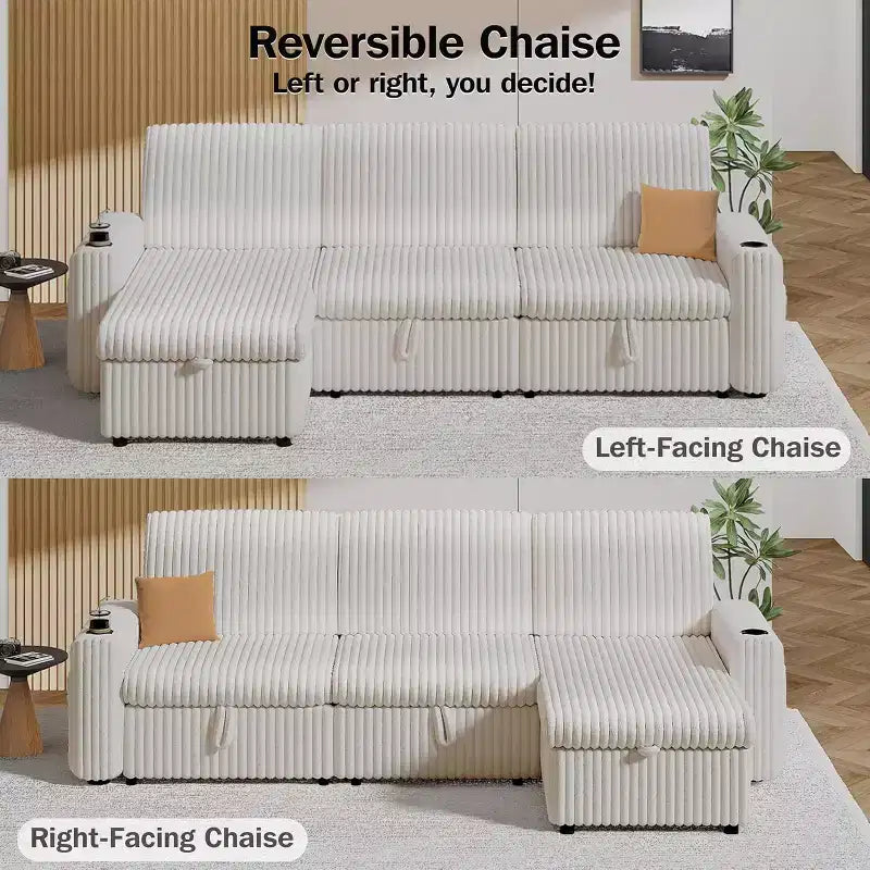 Canapé-lit d'angle réversible Dyonery 101, avec lit gigogne, dossier inclinable, méridienne de rangement réversible, ports USB et porte-gobelets