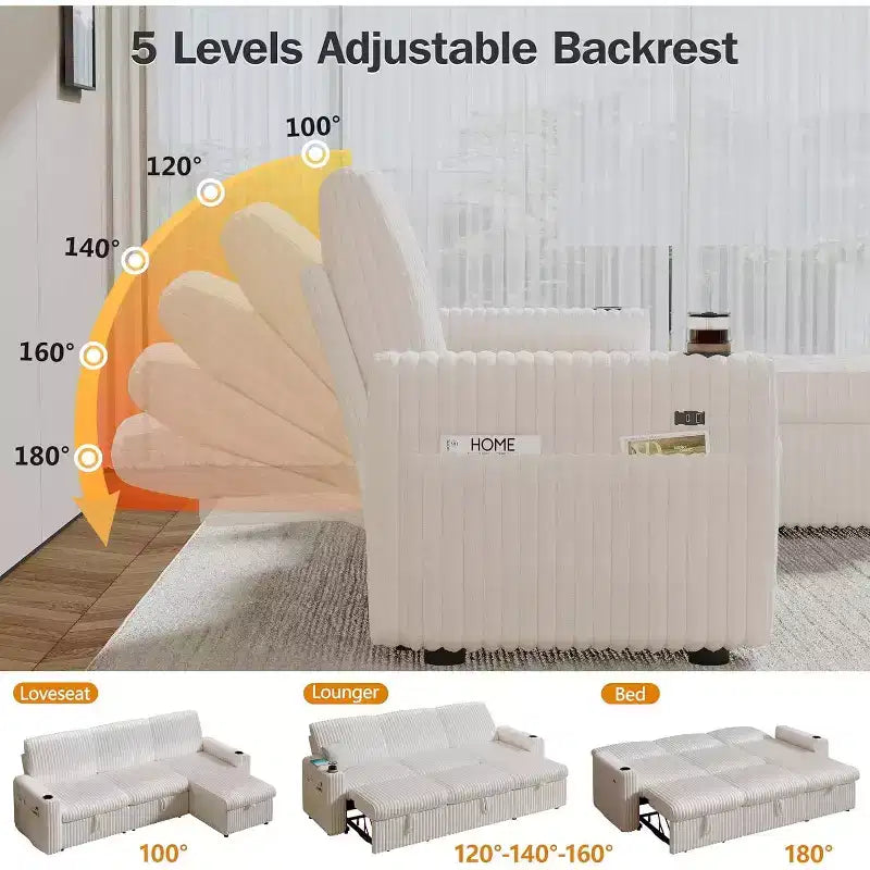 Canapé-lit d'angle réversible Dyonery 101, avec lit gigogne, dossier inclinable, méridienne de rangement réversible, ports USB et porte-gobelets