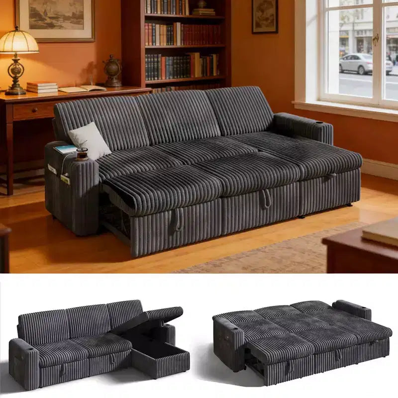 Canapé-lit d'angle réversible Dyonery 101, avec lit gigogne, dossier inclinable, méridienne de rangement réversible, ports USB et porte-gobelets