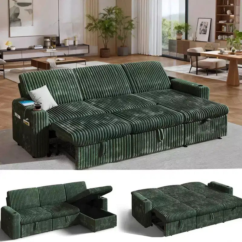 Canapé-lit d'angle réversible Dyonery 101, avec lit gigogne, dossier inclinable, méridienne de rangement réversible, ports USB et porte-gobelets