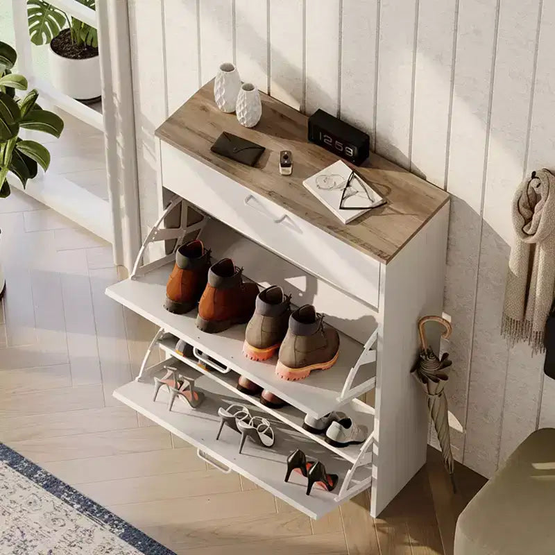 Meuble à chaussures Karl Home avec 3 portes abattantes Blanc et Chêne