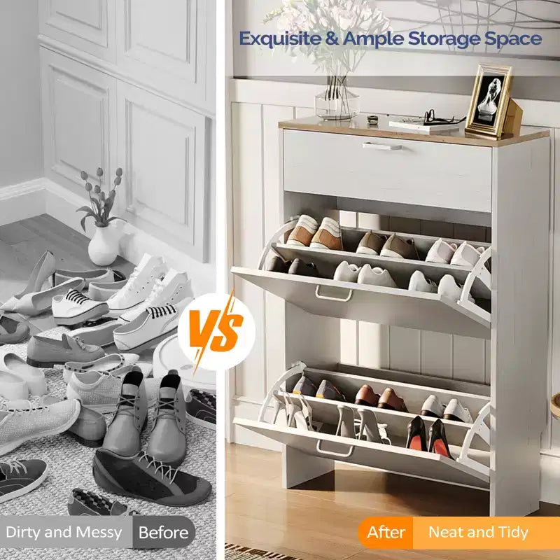 Meuble à chaussures Karl Home avec 3 portes abattantes Blanc et Chêne