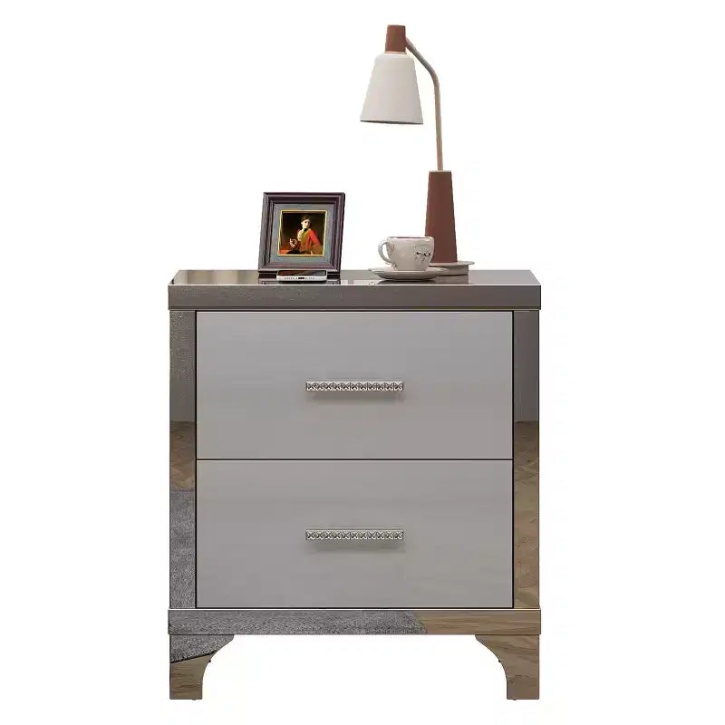Table de chevet moderne élégante avec 2 tiroirs et accents en miroir, finition très brillante, pour chambre à coucher ou salon