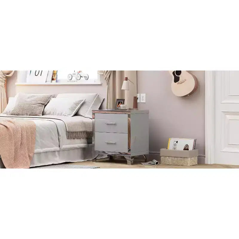 Table de chevet moderne élégante avec 2 tiroirs et accents en miroir, finition très brillante, pour chambre à coucher ou salon