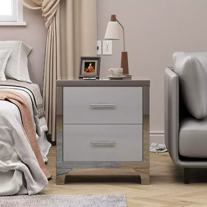Table de chevet moderne élégante avec 2 tiroirs et accents en miroir, finition très brillante, pour chambre à coucher ou salon