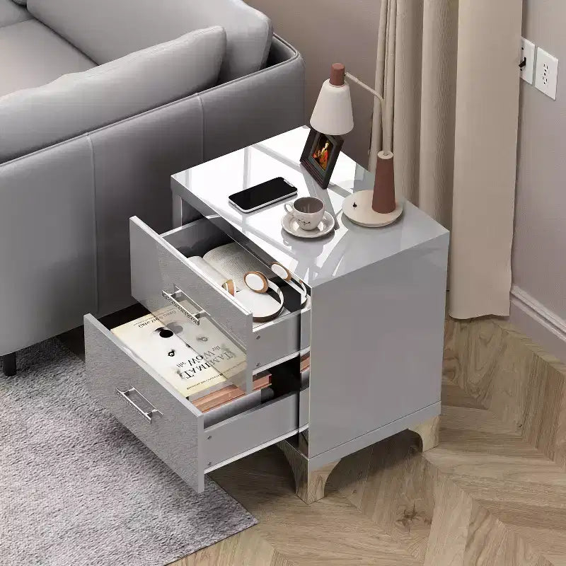 Table de chevet moderne élégante avec 2 tiroirs et accents en miroir, finition très brillante, pour chambre à coucher ou salon
