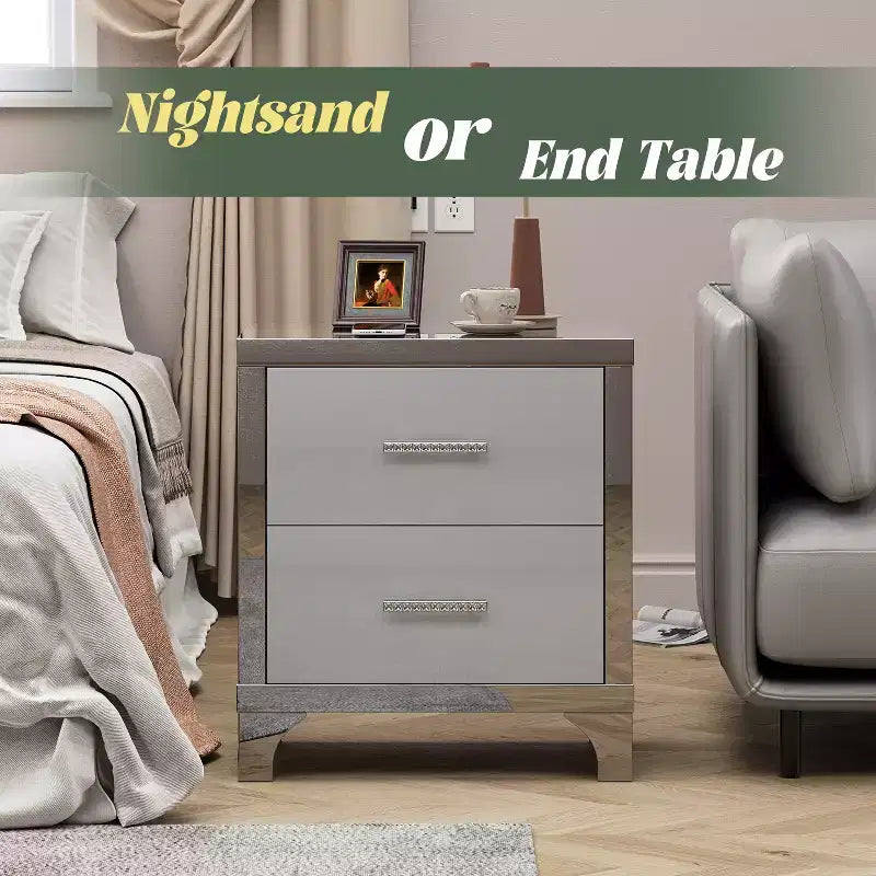 Table de chevet moderne élégante avec 2 tiroirs et accents en miroir, finition très brillante, pour chambre à coucher ou salon