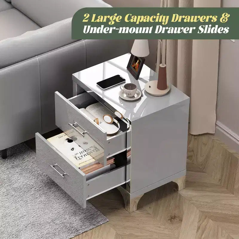 Table de chevet moderne élégante avec 2 tiroirs et accents en miroir, finition très brillante, pour chambre à coucher ou salon